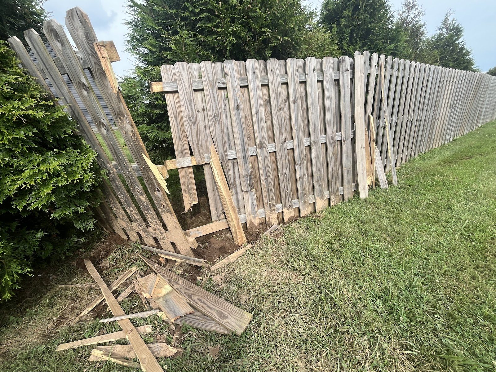 Before: shadow box fence damaged by a car